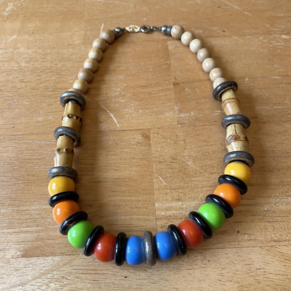 Vintage Alexis Kirk 16" Signed Statement Beaded Rainbow Wood Boho Tribal Jewelry